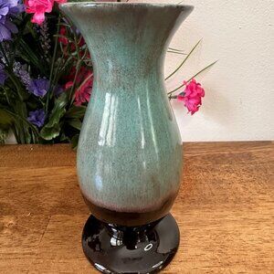 Vintage Green and Brown Drip Glaze Pedestal Vase Marked 569 Art Pottery